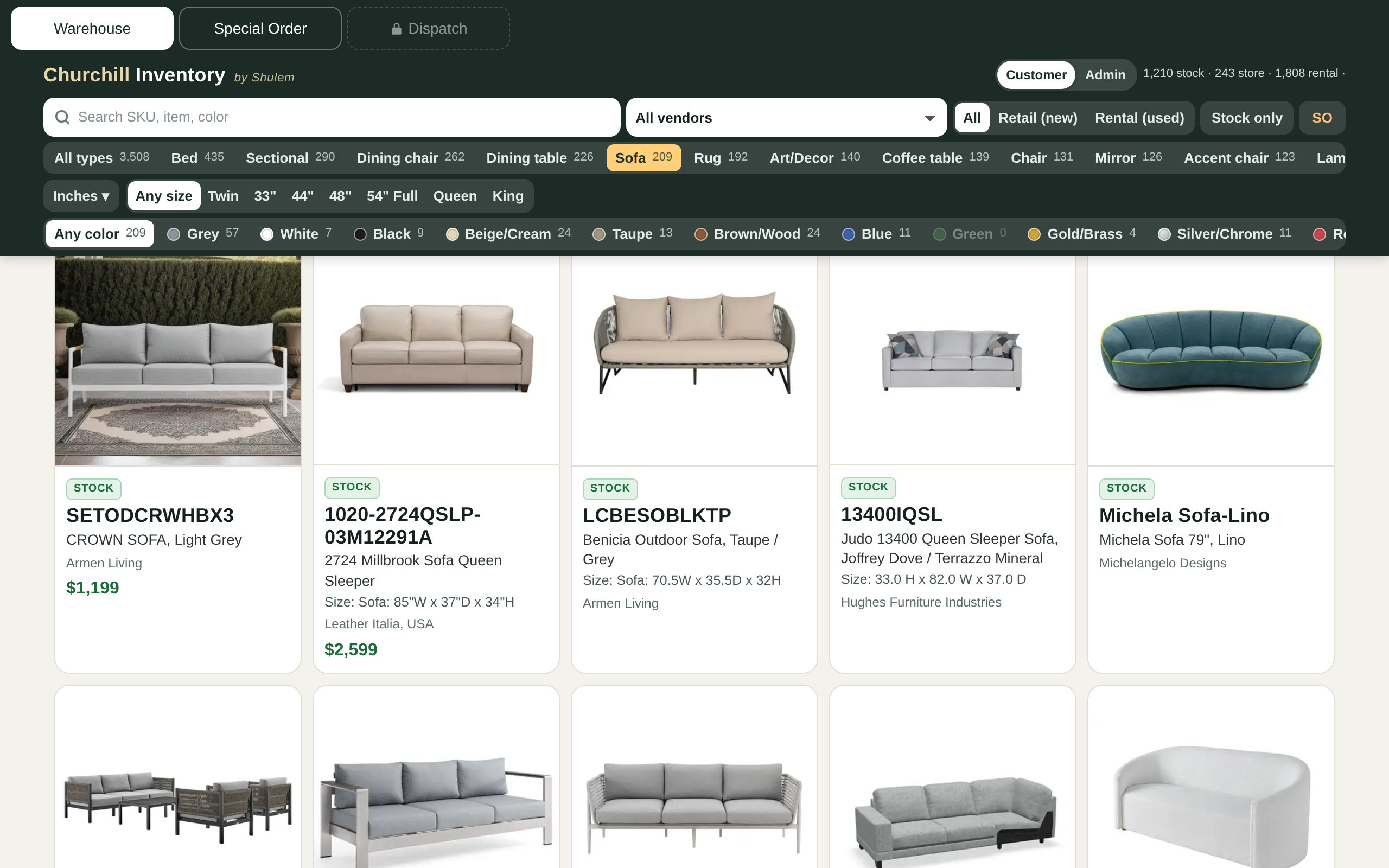 Churchill Furniture catalog filtered to sofas, each with its photo, on a computer