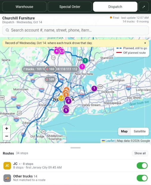 Dispatch map with each truck's route for the day in a different color