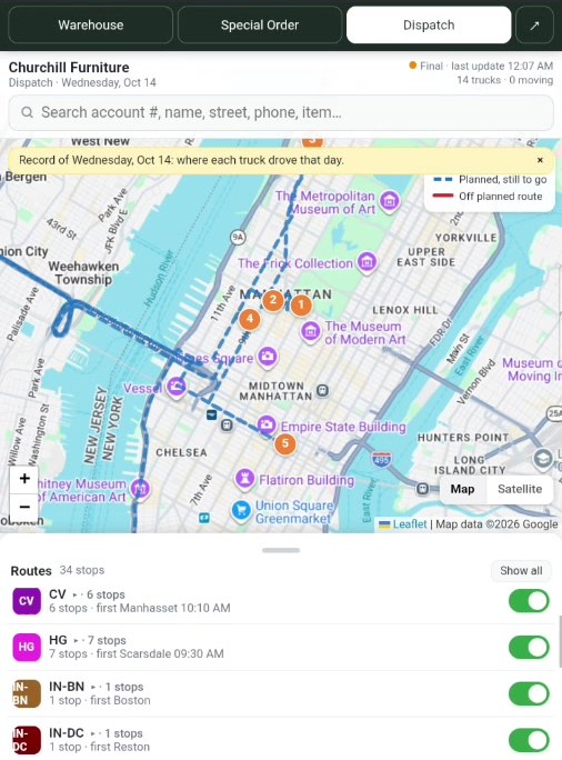 Map with numbered stops and the list of trucks with their stops
