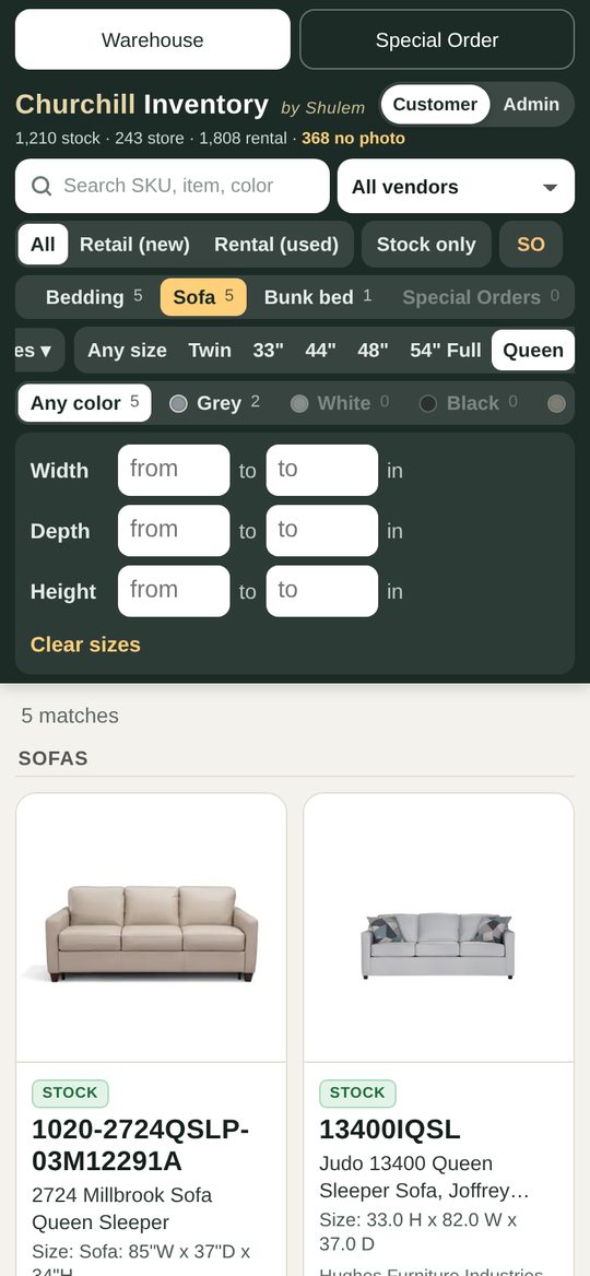 Size filter open with Queen selected on a phone