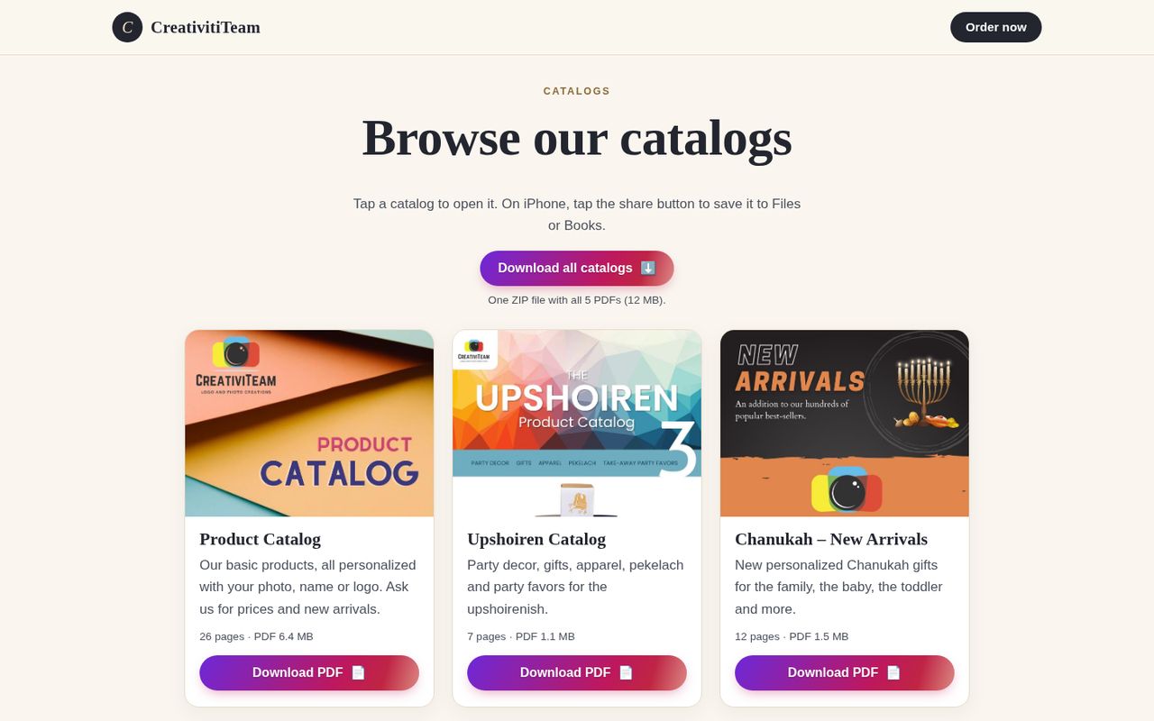 Catalogs download page on a computer