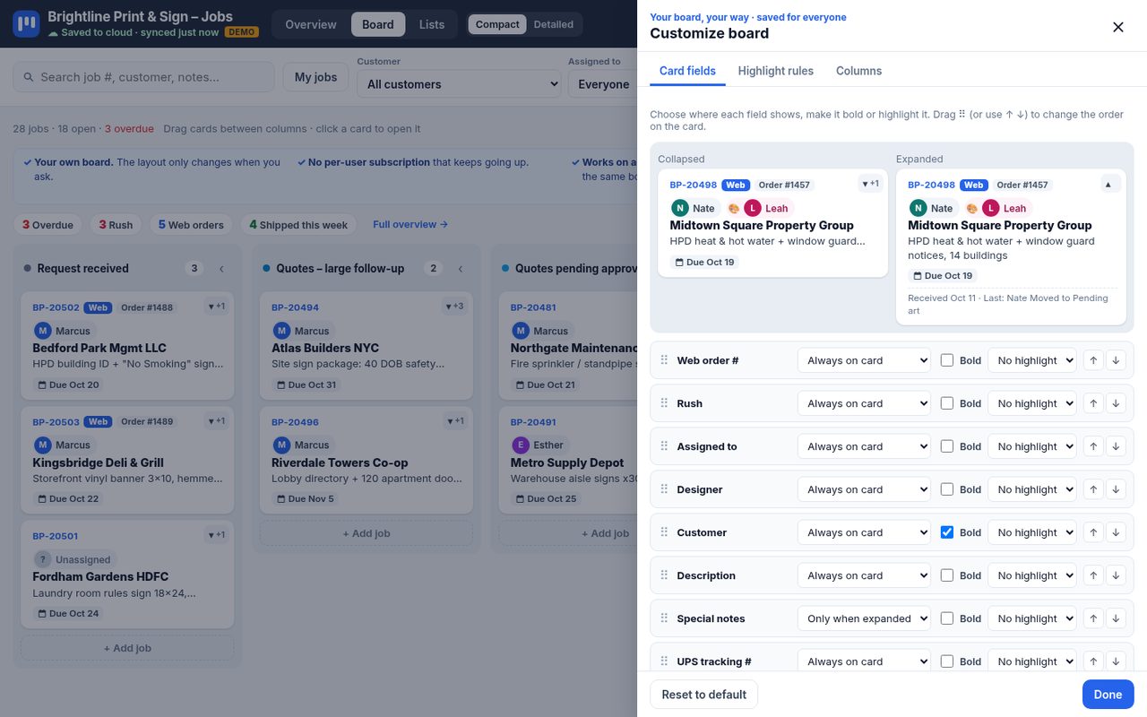 Customize panel for columns, card fields and colors