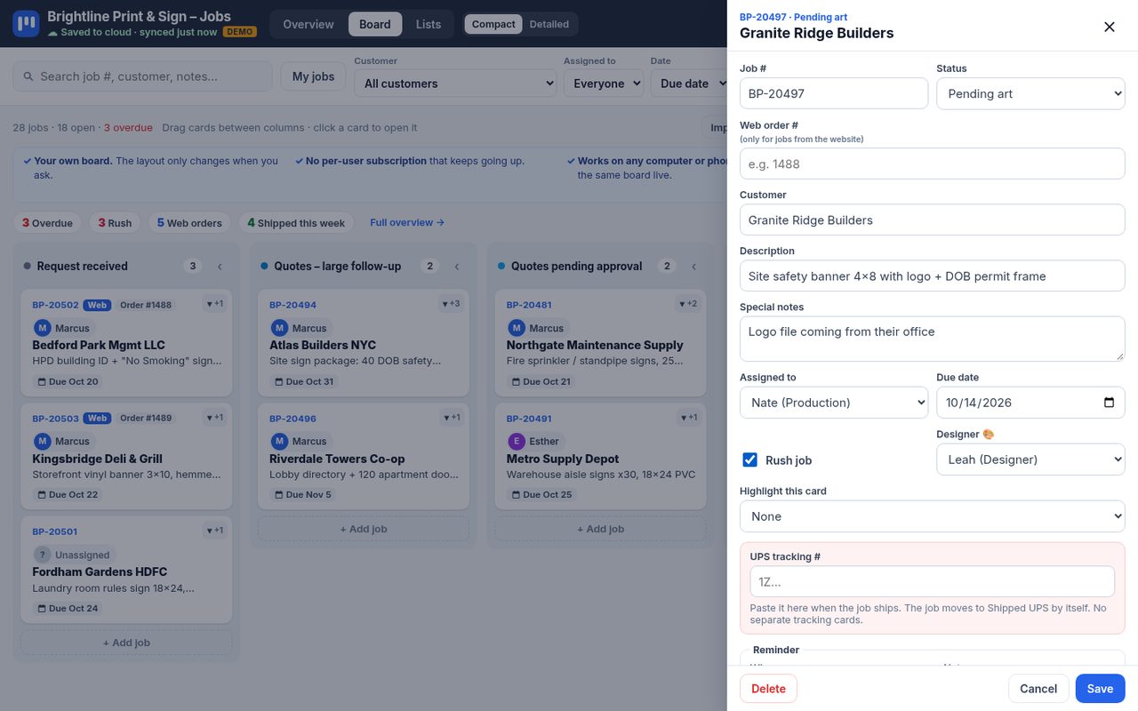 Open job card with assignee, designer, packed-by and UPS tracking